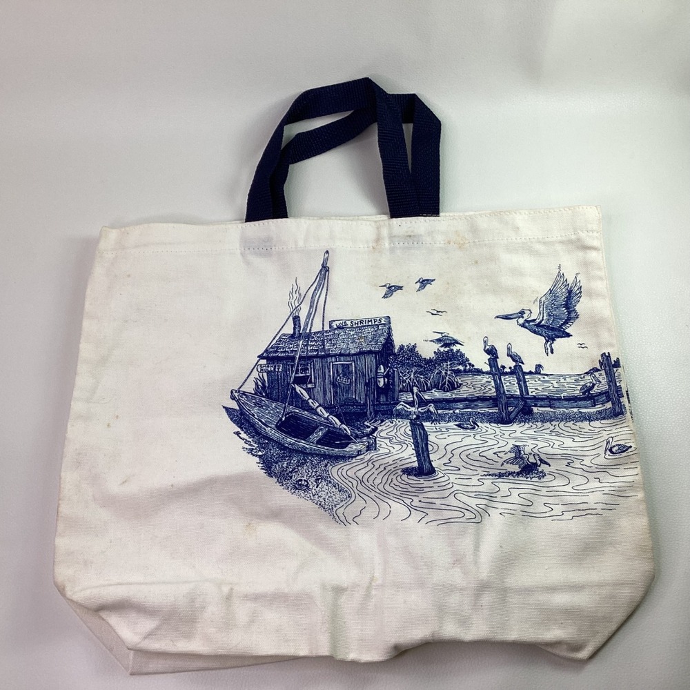 Vintage Aquarius Canvas Tote Bag Nautical Shrimp Boat Dock Pier Pelican Sea